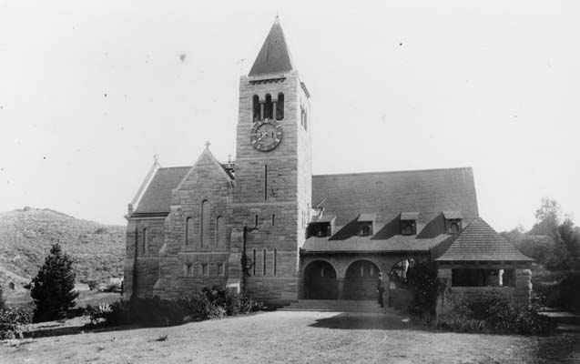 Historic church in Pasadena with 44-foot stone bell tower and Seth Thomas clock